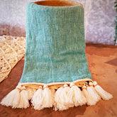 Soft Baby Blue Woven Cotton Throw with Natural Tassels and Wooden Beads | 130×200cm